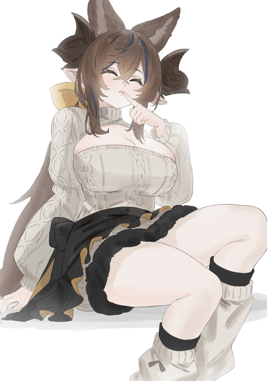 1girl absurdres animal_ears black_skirt blue_hair blush breasts brown_hair cleavage cleavage_cutout closed_eyes clothing_cutout extra_ears finger_to_mouth fishofthelakes galleon_(granblue_fantasy) granblue_fantasy hair_between_eyes hair_ribbon highres horns large_breasts long_hair multicolored_hair pointy_ears ribbed_sweater ribbon simple_background sitting skirt solo streaked_hair sweater thighs turtleneck turtleneck_sweater very_long_hair white_sweater