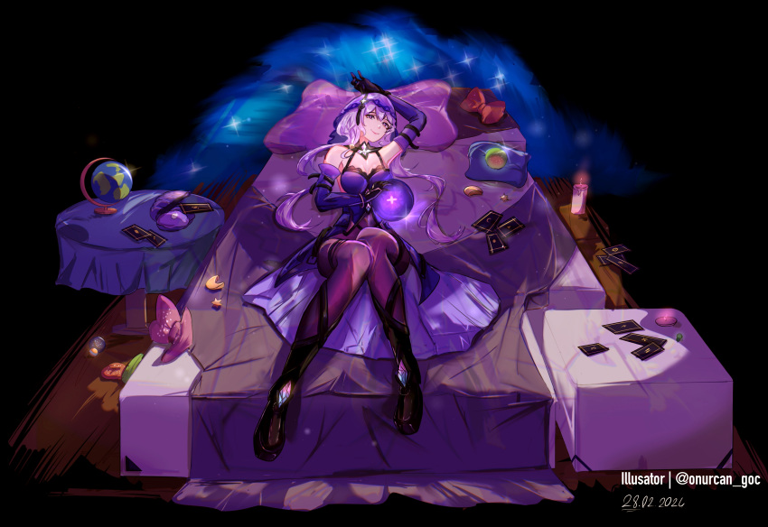 1girl absurdres arm_up bare_shoulders bed black_footwear black_gloves black_swan_(honkai:_star_rail) boots card commentary dated dress gloves highres honkai:_star_rail honkai_(series) long_hair lying on_back onurcan pantyhose pillow purple_dress purple_hair purple_pantyhose sleeveless sleeveless_dress solo veil very_long_hair