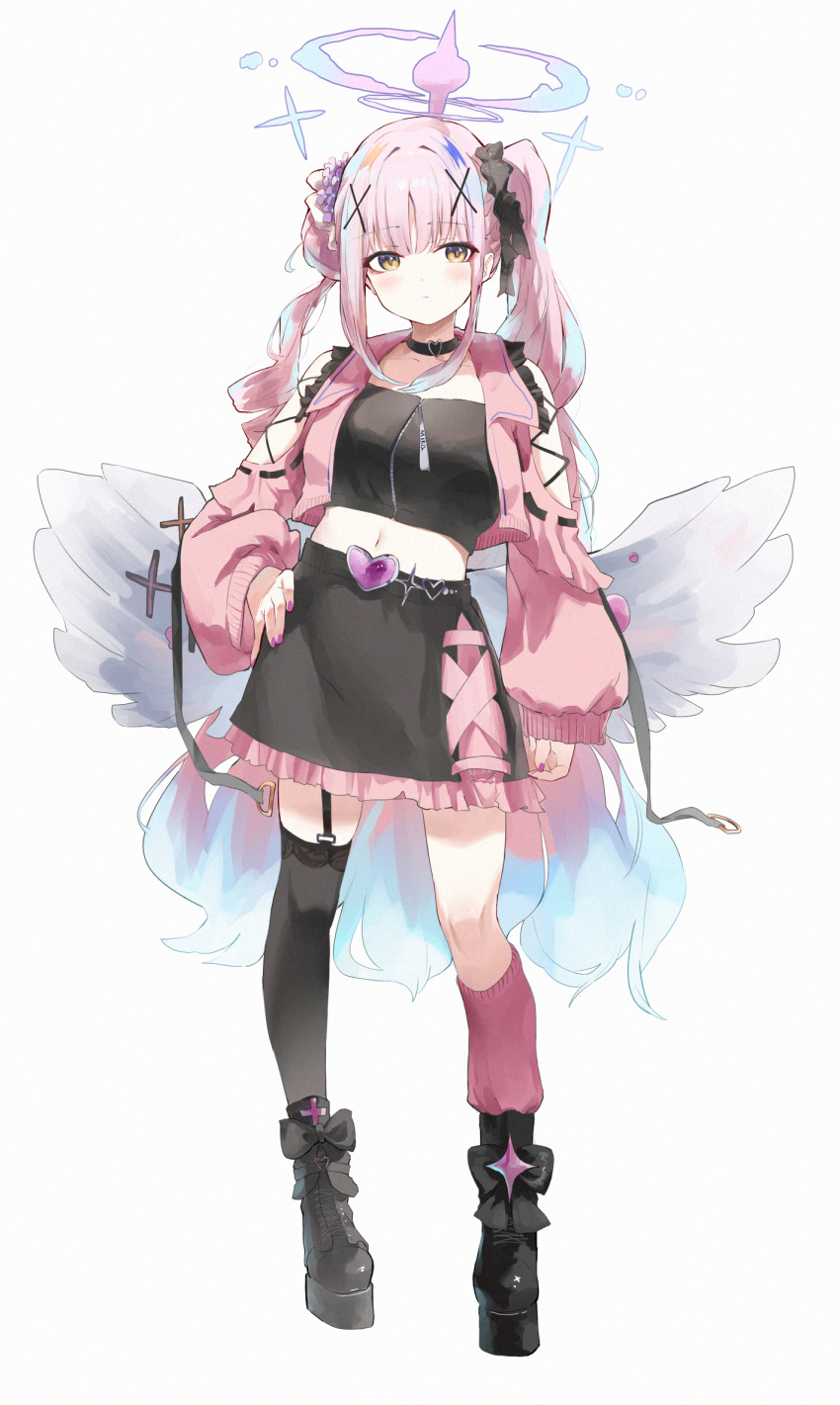 1girl alternate_costume alternate_hairstyle angel_wings asymmetrical_legwear black_footwear black_thighhighs blue_archive blush boots breasts closed_mouth collarbone commentary feathered_wings flower full_body hair_bun hair_flower hair_ornament halo highres jacket jsscj long_hair long_sleeves looking_at_viewer medium_breasts mika_(blue_archive) mismatched_legwear navel open_clothes open_jacket pink_hair pink_halo pink_jacket pink_socks purple_flower simple_background single_side_bun single_sock single_thighhigh socks solo thighhighs white_background white_wings wings yellow_eyes