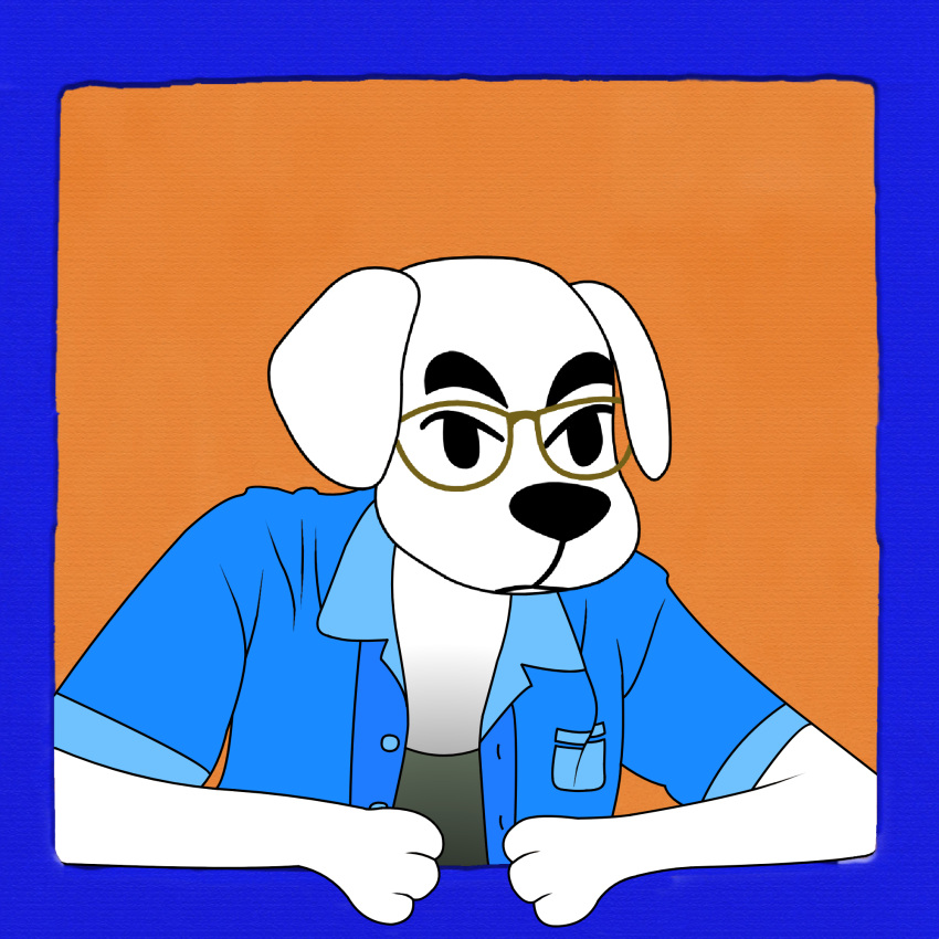 1:1 ambiguous_gender animal_crossing anthro blue_clothing blue_shirt blue_topwear border canid canine canis clothing domestic_dog drive45 eyewear glasses green_clothing green_shirt green_tank_top green_topwear hi_res hunting_dog jack_russell_terrier jukeboxxo k.k._slider k.k._slider_album_redraw leaning leaning_forward mammal meme nintendo orange_background shirt simple_background solo tank_top terrier topwear