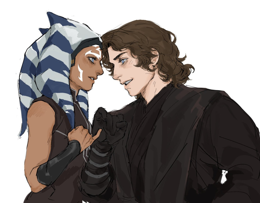 1boy 1girl ahsoka_tano anakin_skywalker antooon0120 black_gloves blue_eyes brown_hair gloves lekku_(anatomy) simple_background star_wars teeth togruta white_background