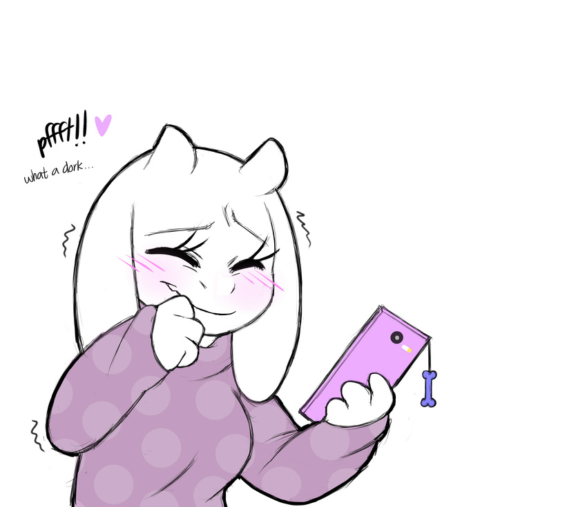 &lt;3 alternate_universe altertale anthro blush bone boss_monster caprine clothed clothing comic digital_media_(artwork) english_text female friisans goat hi_res horn long_ears mammal phone simple_background smile solo sweater text toriel undertale video_games white_background