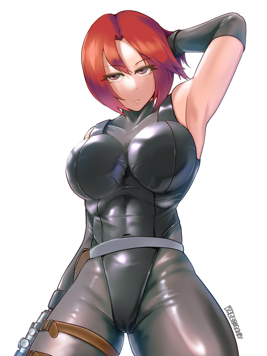 1girl armpits black_gloves black_leotard bodysuit breasts closed_mouth dino_crisis elbow_gloves gloves gun highres holding holding_weapon large_breasts leotard looking_at_viewer red_hair regina_(dino_crisis) short_hair simple_background skin_tight solo varbecrank weapon white_background