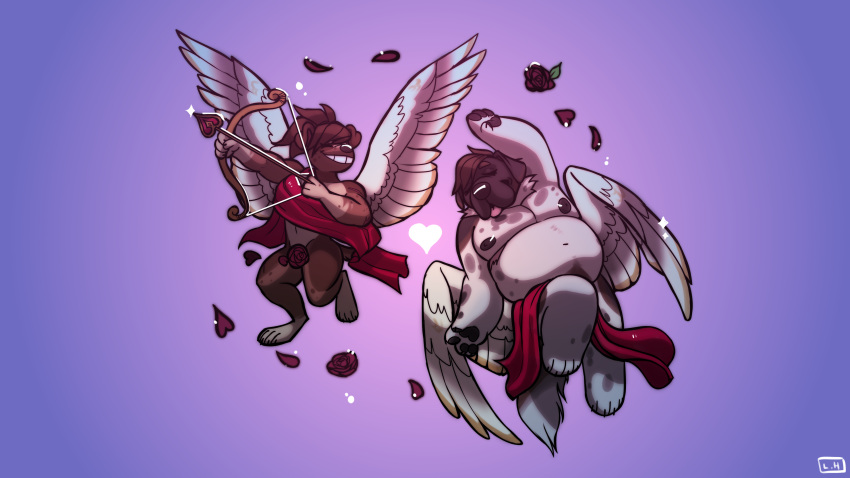 16:9 4k absurd_res anthro arrow_(weapon) belly big_belly blep bow_(weapon) brown_body brown_fur canid canine canis cupid cupid's_arrow digital_media_(artwork) domestic_dog duo eyes_closed feathered_wings feathers female ferrilo floating floppy_ears flower flying fur hair heart_symbol hi_res holding_object holding_weapon holidays hybrid male male/female mammal markings mixed_breed molosser mountain_dog muscular muscular_anthro muscular_female navel nera_forest(choccodoggo) newfoundland_dog nipples overweight overweight_male petals plant ponytail ranged_weapon rose_(flower) rose_petals rufus_paffuto(rufusdoggo) simple_background smile spots spotted_body spotted_fur tail tongue tongue_out toothy_grin valentine's_day weapon white_body widescreen wings
