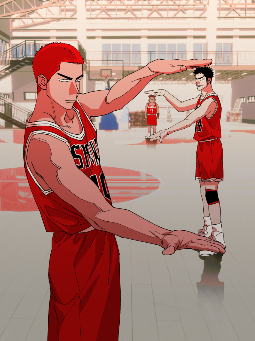 3boys basketball_court basketball_hoop basketball_jersey black_hair character_request closed_mouth floor forced_perspective grin gym highres indoors knee_pads looking_at_viewer male_focus multiple_boys red_hair red_shorts sakuragi_hanamichi shadow short_hair shorts slam_dunk_(series) sleeveless smile stairs standing sus_ryo7 v-shaped_eyebrows white_footwear window