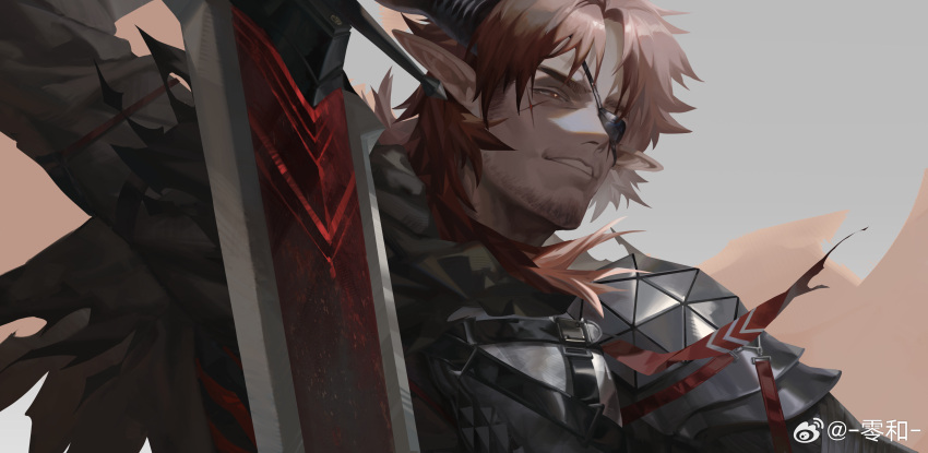 1boy absurdres arknights armor artist_request beard_stubble black_hair black_shirt demon_horns eyepatch facial_hair greatsword highres hoederer_(arknights) holding holding_sword holding_weapon horns long_hair looking_ahead male_focus pointy_ears red_hair shirt solo stubble sword thick_eyebrows upper_body weapon