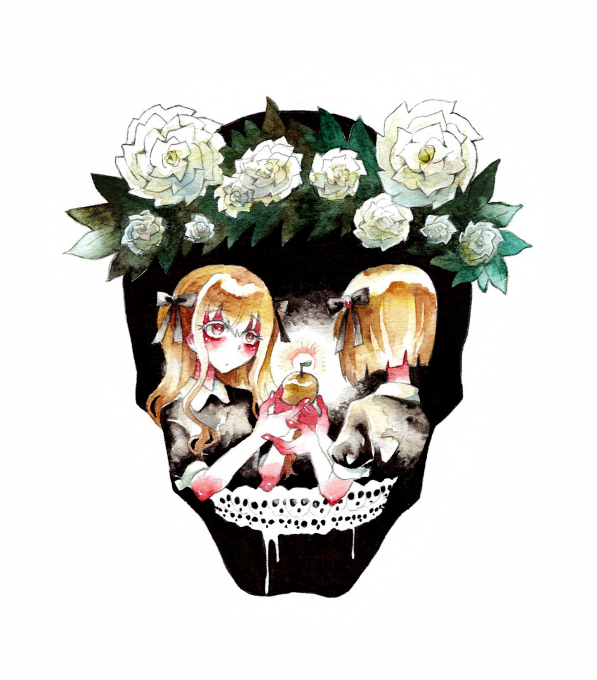 2girls apple black_ribbon black_shirt blonde_hair blush bob_cut closed_mouth collared_shirt eye_contact flower food fruit golden_apple goth_fashion hair_between_eyes highres holding holding_food holding_fruit kurage_nanami long_hair looking_at_another multiple_girls optical_illusion original painting_(medium) red_eyes ribbon shirt sidelocks simple_background skull traditional_media watercolor_(medium) white_background white_flower