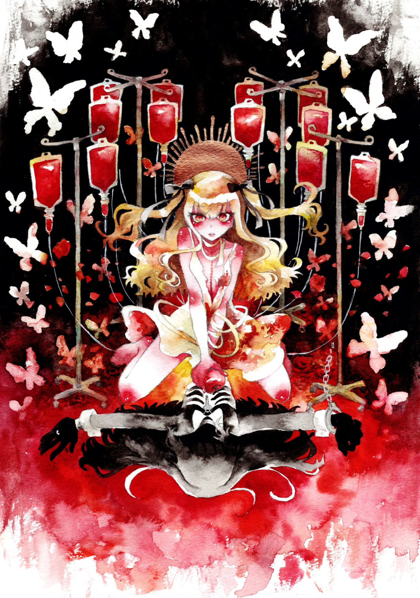 1girl apple between_legs black_background black_ribbon blonde_hair blood blood_bag blush bug butterfly chain different_reflection dress food fruit gradient_background hair_between_eyes hand_between_legs highres holding holding_food holding_fruit iv_stand kurage_nanami long_hair looking_at_viewer original outstretched_arms painting_(medium) red_background red_eyes reflection ribbon scar scar_on_chest sidelocks sitting solo spread_arms sun traditional_media twintails very_long_hair wariza watercolor_(medium) white_dress