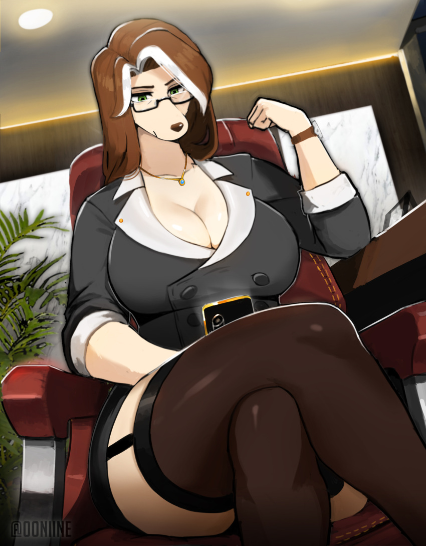 00niine 2024 anthro big_breasts biped black_clothing bottomwear breasts brown_hair brown_nose canid canine canis chair clock clothed clothing crossed_legs digital_media_(artwork) domestic_dog electronics elysia_(00niine) eyebrows eyelashes eyewear female fingers fully_clothed fur furniture glasses green_eyes hair hi_res highlights_(coloring) legwear long_hair looking_at_object looking_at_phone mammal mature_female office on_chair pendant phone sitting sitting_on_chair solo stockings thick_thighs topwear watch white_body white_fur white_highlights wristwatch