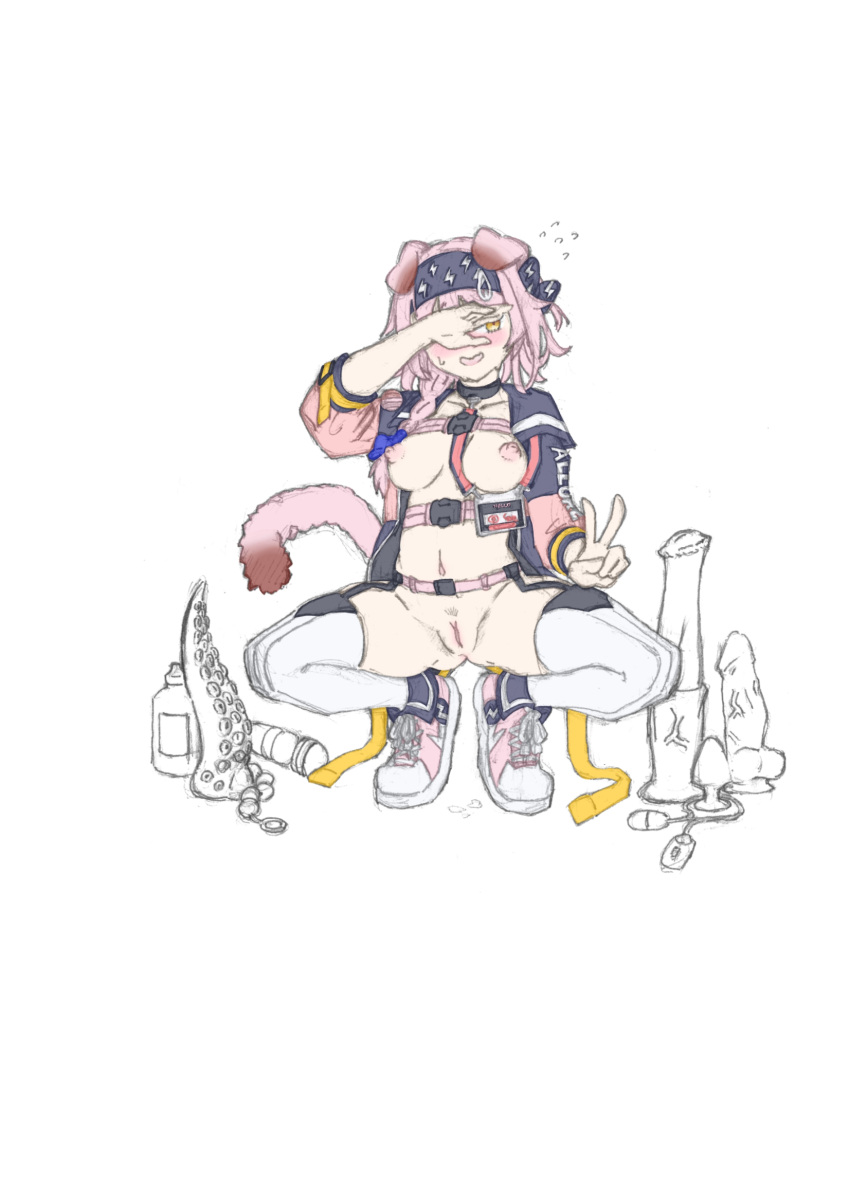 anal_beads animal_ears arknights belt blush braid breasts butt_plug cat_ears cat_tail covering_own_eyes dildo full_body garter_belt garter_straps goldenglow_(arknights) headband highres horse_dildo jacket lanyard looking_at_viewer medium_hair nipples open_clothes open_jacket pink_footwear pussy pussy_juice rotor sex_toy shoes side_braid smile sneakers sokolov spread_legs squatting tail tentacle_dildo thighhighs v vibrator yellow_eyes