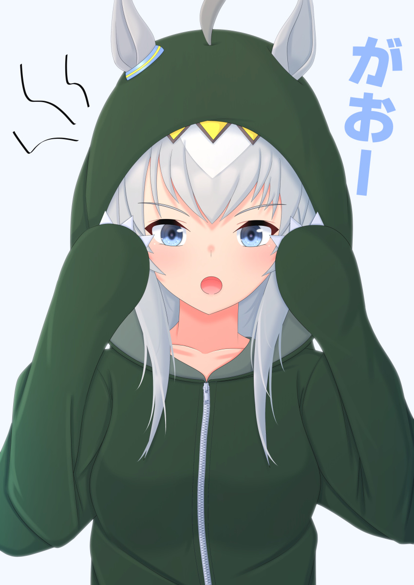 1girl 2-butani absurdres ahoge animal_ears breasts commentary_request ear_ornament ears_through_hood green_hoodie grey_hair hair_between_eyes hair_ornament highres hood hoodie horse_ears horse_girl long_hair long_sleeves looking_at_viewer medium_breasts oguri_cap_(gray_monster)_(umamusume) oguri_cap_(umamusume) open_mouth simple_background solo translation_request umamusume upper_body white_background