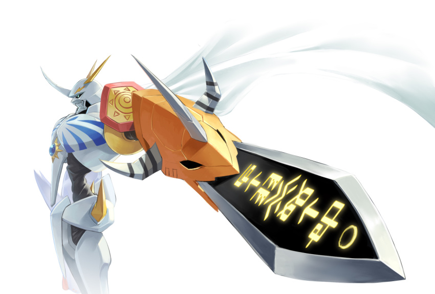 arm_blade armor blue_eyes cape digimoji digimon digimon_(creature) emblem from_side highres horns looking_ahead mecha mismatched_arms omegamon outstretched_arm robot shoulder_armor simple_background sword translated vgf-sppbd weapon white_background white_cape