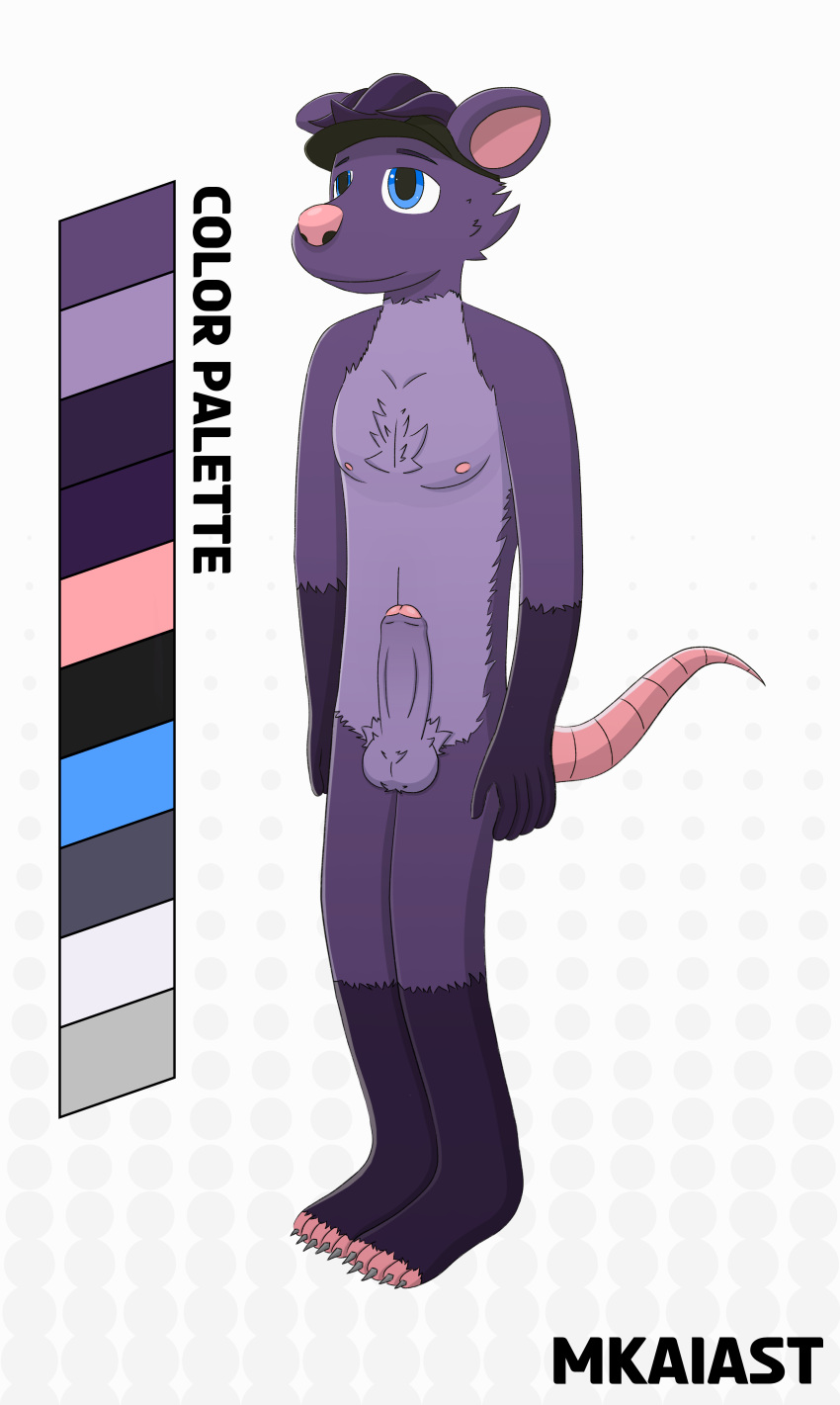 absurd_res accessory american_opossum anthro balls blue_eyes clothing color_swatch eyebrows feet fluffy fluffy_balls foreskin fur genitals hair hat headgear headwear hi_res male mammal marsupial mkaiast model_sheet nipples penis purple_body purple_fur purple_hair smile solo standing tail visor_cap