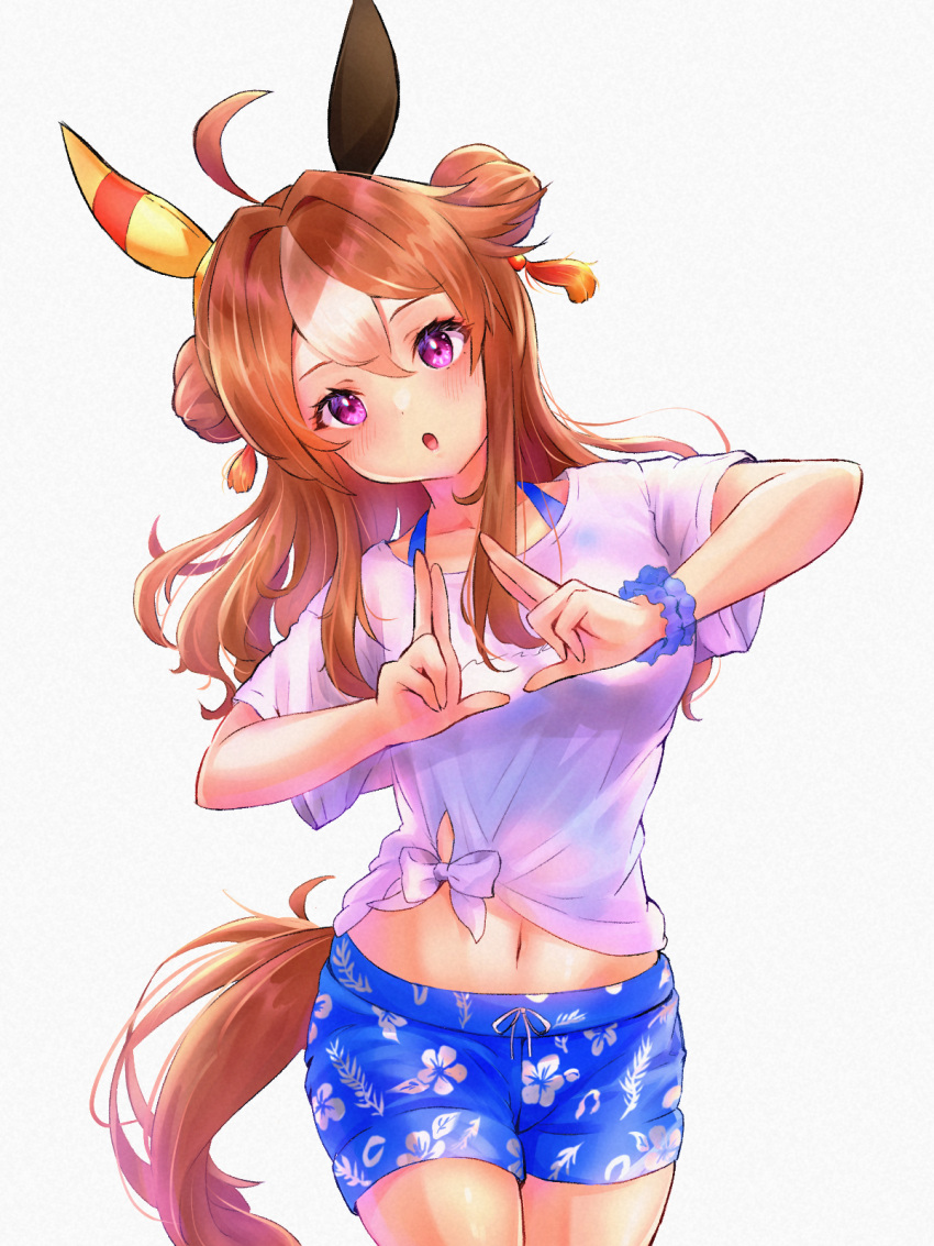 1girl :o ahoge animal_ears bandaid bandaid_on_face blush breasts brown_hair commentary_request copano_rickey_(umamusume) cowboy_shot double_bun gaze_on_me!_outfit_(umamusume) hair_bun hair_ornament hands_up head_tilt highres horse_ears horse_girl horse_tail long_hair male_swimwear medium_breasts midriff navel peteron purple_eyes scrunchie shirt short_sleeves simple_background solo swim_trunks tail tassel tassel_hair_ornament tied_shirt umamusume white_background white_shirt wrist_scrunchie