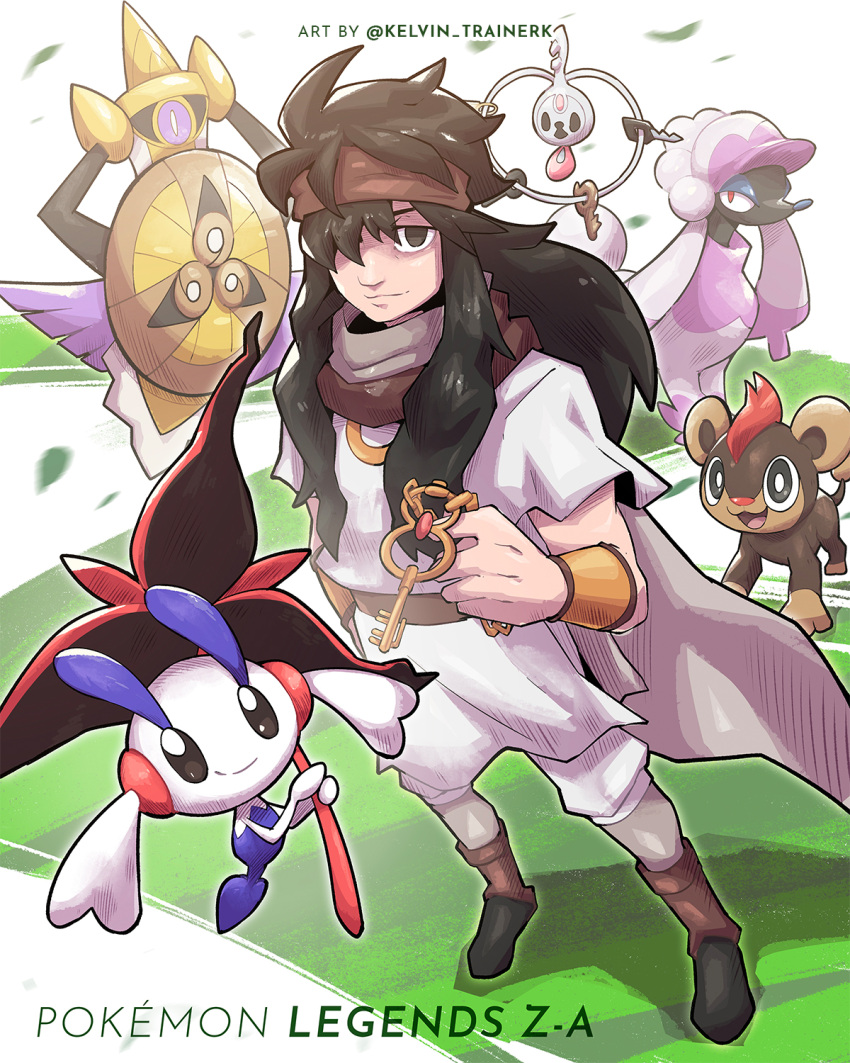 1boy aegislash az_(pokemon) black_footwear brown_headband brown_scarf commentary copyright_name falling_leaves floette floette_(eternal) furfrou furfrou_(matron) hand_up headband highres holding kelvin-trainerk key klefki leaf litleo long_hair male_focus motion_blur pokemon pokemon_(creature) pokemon_legends:_z-a pokemon_xy scarf shirt shoes short_sleeves standing twitter_username watermark white_shirt wristband