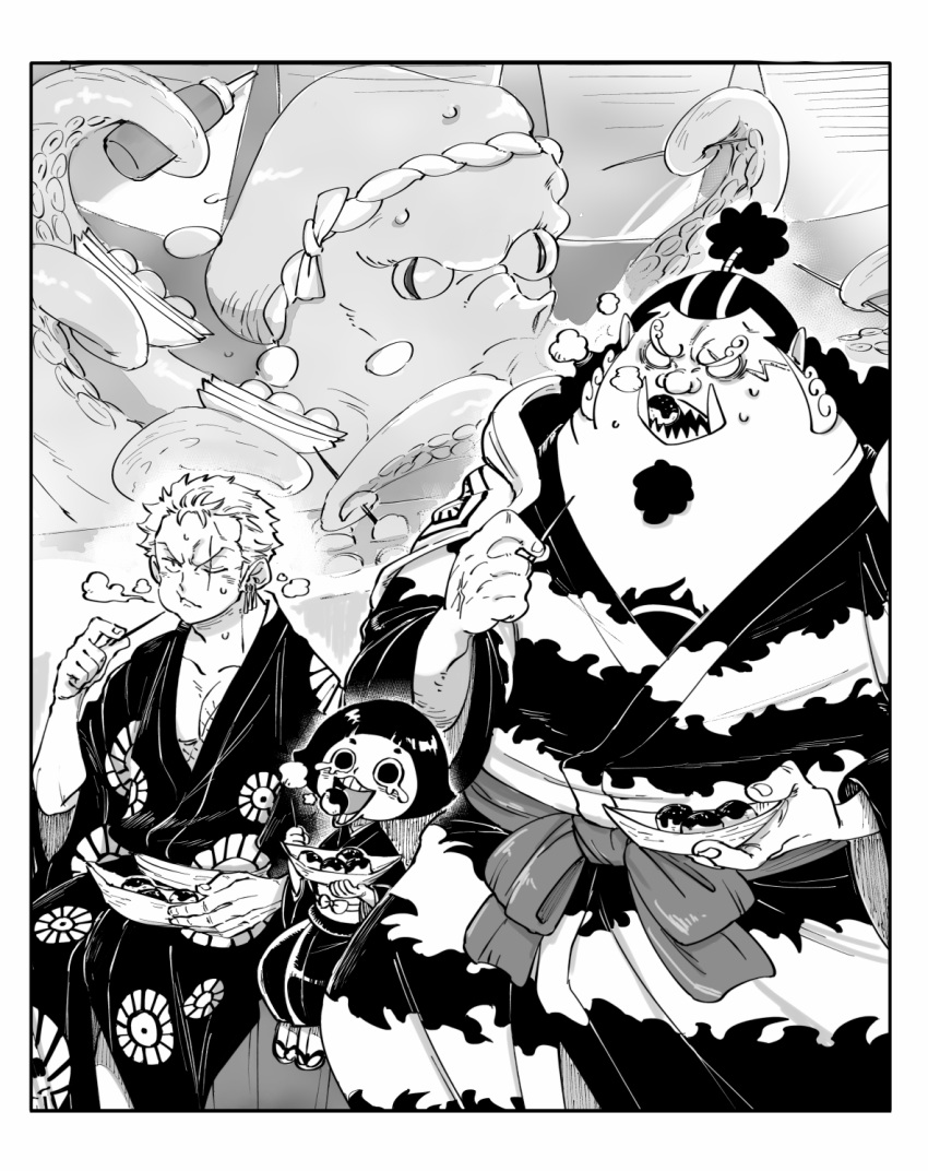 chabo_(niwatori_bosori) child commentary_request crying earrings eating facial_hair fish_boy food goatee greyscale highres japanese_clothes jewelry jinbe_(one_piece) kimono monochrome octopus one_piece ponytail roronoa_zoro sash scar scar_across_eye scar_on_face short_hair sitting smoke spiked_hair takoyaki toko_(one_piece)