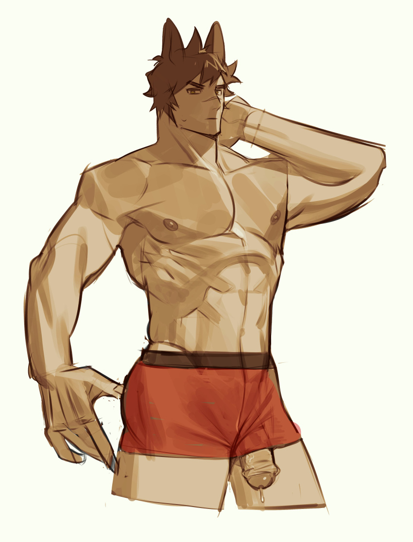 1boy absurdres bara boxers cropped_legs hand_on_own_neck highres large_pectorals league_of_legends male_focus male_underwear muscular muscular_male nipples pectorals penis penis_slip precum precum_drip red_hair red_male_underwear scar scar_on_face scar_on_nose sett_(league_of_legends) short_hair smile solo standing thick_eyebrows topless_male uncensored underwear uza_(hellme)
