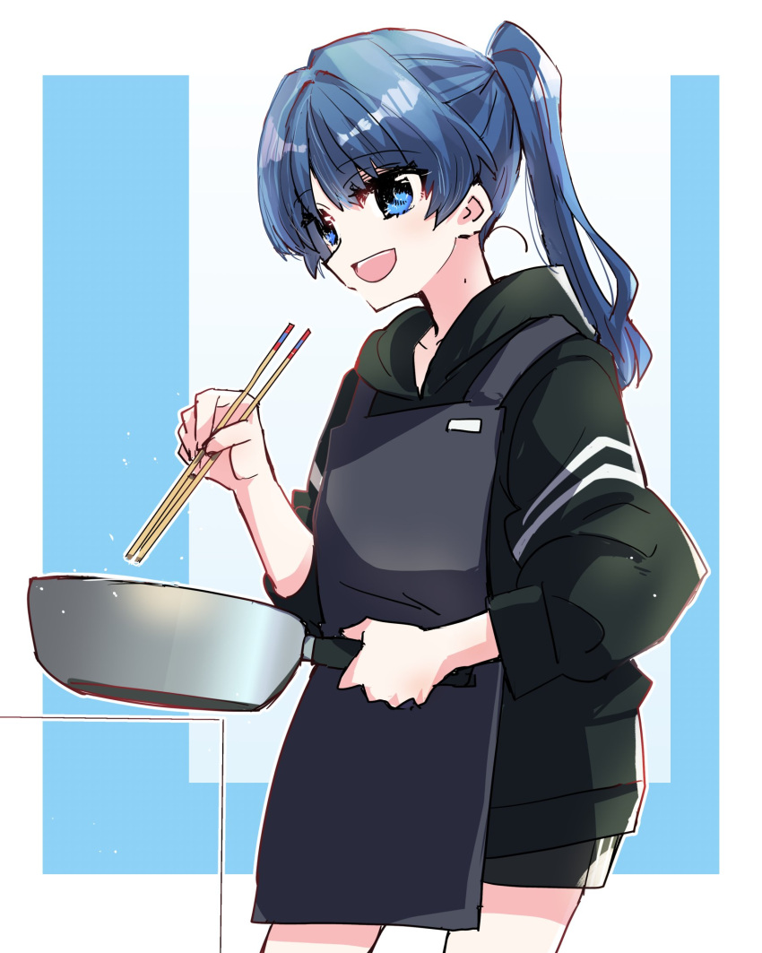 1girl :d apron bad_id bad_twitter_id black_jacket black_shorts blue_eyes blue_hair chopsticks commentary_request frying_pan grey_apron high_ponytail highres holding holding_chopsticks holding_frying_pan jacket kanduki_kamibukuro link!_like!_love_live! long_hair long_sleeves looking_at_viewer love_live! mole mole_on_neck murano_sayaka open_mouth shorts smile