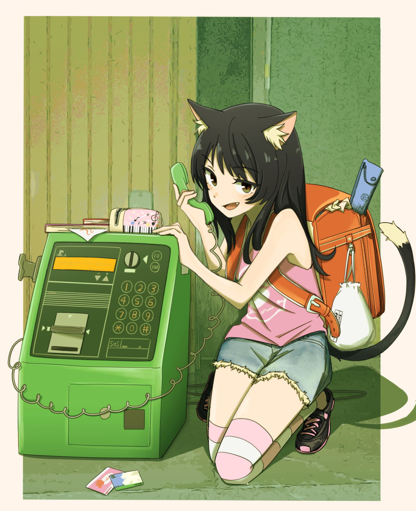 1girl absurdres animal_ear_fluff animal_ears backpack bag black_hair blush border brown_eyes cat_ears cat_tail denim denim_shorts fang hands_up highres holding holding_phone kneeling long_hair o_mozi_r open_mouth original payphone pencil_case phone phonecard pink_shirt randoseru recorder_case shadow shirt shoes shorts sleeveless sleeveless_shirt sneakers solo striped_clothes striped_thighhighs tail test thighhighs torn_clothes torn_shorts white_border