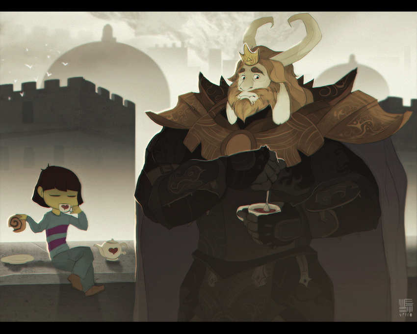 2015 5:4 5_fingers age_difference anthro armor asgore_dreemurr beard beverage blonde_hair boss_monster breastplate brown_hair cape caprine castle cloak clothed clothing crossed_legs crown cup dish drinking duo eyebrows eyes_closed facial_hair food fur gauntlets gloves goat hair horn human long_ears looking_away male mammal pants pastry pauldron protagonist_(undertale) shirt short_hair sitting size_difference spoon standing stripes tea tea_cup teapot undertale vetro_wolf vetrowolf video_games walls white_fur