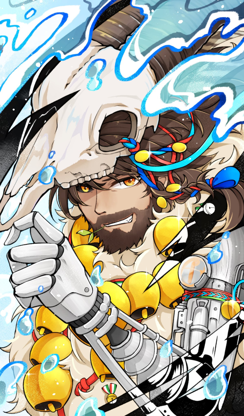 1boy animal_skull beard black_background black_sclera brown_hair colored_sclera dark-skinned_male dark_skin facial_hair grin hand_up highres looking_at_viewer male_focus mask mask_on_head mature_male mechanical_arms mismatched_sclera mouth_hold onikura_minori_(artist) orange_eyes prosthesis prosthetic_arm reverse:1999 shamane single_mechanical_arm skull_mask smile solo stalk_in_mouth upper_body water water_drop