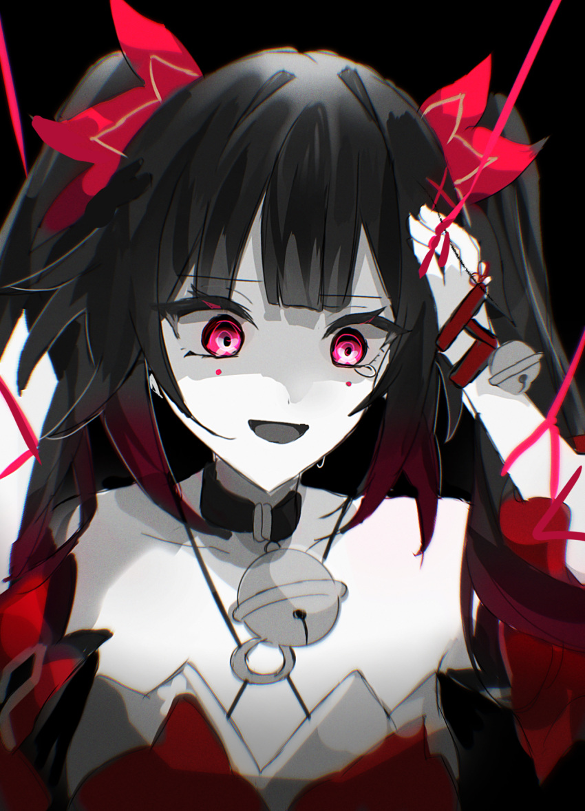 1girl :d bare_shoulders bell black_background black_choker black_gloves black_hair bow choker collarbone dress gloves gradient_hair hair_bow hands_on_own_head highres honkai:_star_rail honkai_(series) limited_palette long_hair multicolored_hair n_ohn6 neck_bell open_mouth pink_eyes red_bow red_dress red_hair san_(sanmi0613) sidelocks simple_background single_glove sleeveless sleeveless_dress smile solo sparkle_(honkai:_star_rail) twintails