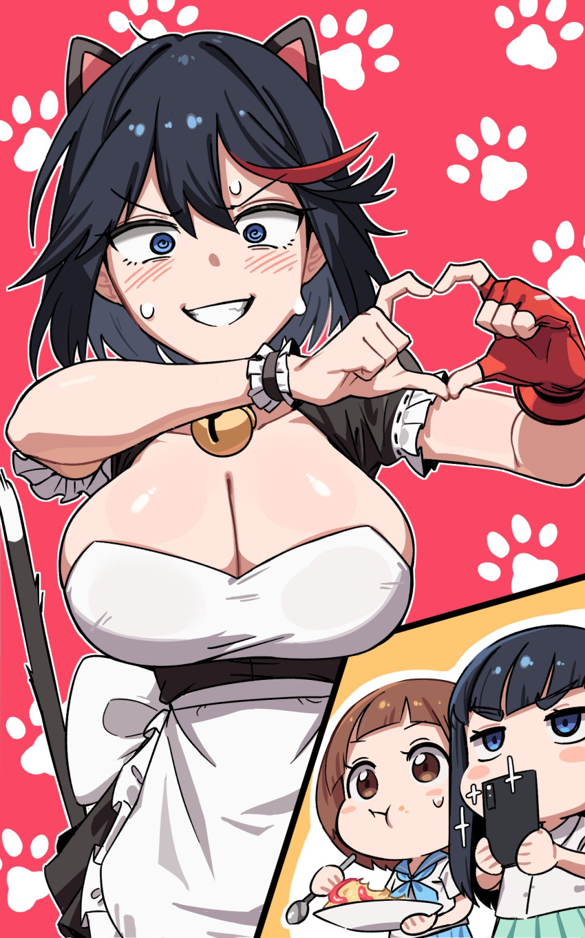 3girls animal_ears apron bell black_hair blue_eyes blue_skirt blush breasts brown_eyes brown_hair cat_ears cat_tail cellphone fingerless_gloves food gloves gungye heart heart_hands highres iphone kill_la_kill kiryuuin_satsuki large_breasts long_hair maid_apron mankanshoku_mako matoi_ryuuko multicolored_hair multiple_girls neck_bell nervous nervous_smile nervous_sweating omelet omurice open_mouth phone red_hair school_uniform serafuku short_hair siblings single_glove sisters skirt smartphone smile streaked_hair sweat tail taking_picture thick_eyebrows trigger_(company) two-tone_hair