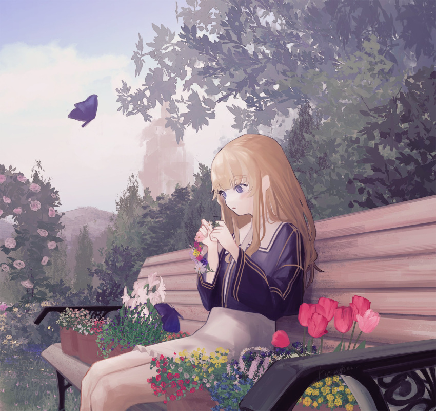 1girl artist_name bench blonde_hair blue_eyes blue_shirt blue_sky blush bug butterfly flower flower_pot flower_wreath garden hands_up highres holding holding_wreath kuwhen long_hair long_sleeves on_bench open_mouth original outdoors park_bench shirt shirt_tucked_in sidelocks sitting skirt sky solo white_skirt