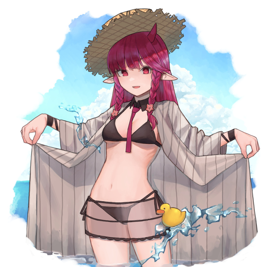 02_(0203rei_ni) absurdres arknights bikini black_bikini blue_sky braid breasts clothes_lift cloud cowboy_shot detached_collar hands_up hat highres horns long_hair looking_at_viewer navel necktie ocean official_alternate_costume open_mouth pointy_ears red_eyes red_hair red_necktie rubber_duck see-through see-through_skirt side-tie_bikini_bottom sidelocks single_horn skirt sky solo stomach straw_hat swimsuit twin_braids vigna_(arknights) vigna_(casual_vacation)_(arknights)