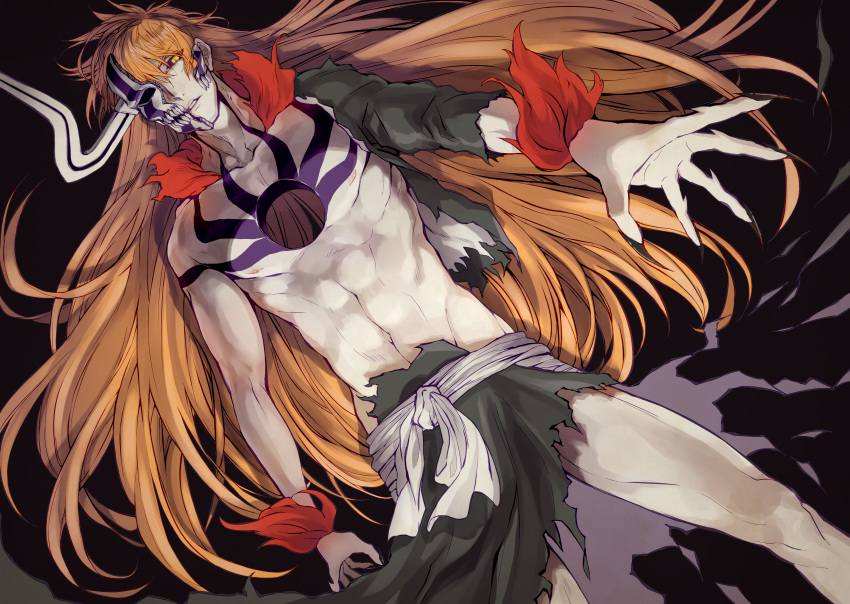 1boy abs absurdres black_background black_nails black_sclera bleach broken_mask chest_tattoo collarbone colored_sclera dutch_angle fingernails hair_between_eyes highres hole_in_chest hole_on_body hollow_mask horns kurosaki_ichigo long_hair looking_at_viewer male_focus mask obi one_eye_covered onimoti orange_hair pale_skin parted_lips pectorals red_fur sash sharp_fingernails single_horn single_sleeve skull_mask solo stomach tattoo teeth topless_male torn_clothes white_sash yellow_eyes