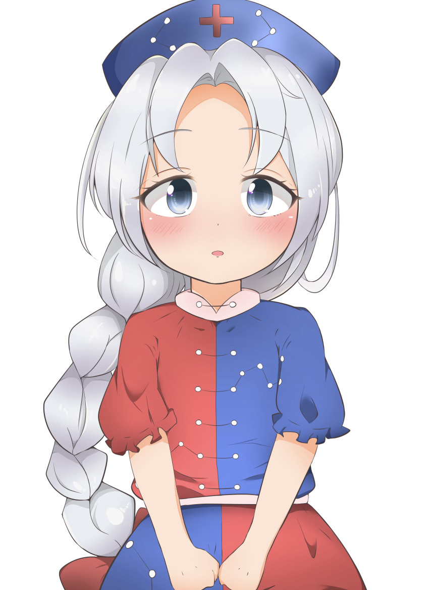 1girl absurdres aged_down blue_dress blue_eyes blush bow child commentary_request constellation_print dot_nose dress expressionless flat_chest frills grey_hair hair_bow hashiro_fumi hat highres long_hair looking_at_viewer low-braided_long_hair low-tied_long_hair nurse_cap parted_bangs parted_lips puffy_short_sleeves puffy_sleeves red_bow red_dress short_sleeves simple_background solo tareme touhou two-tone_dress v_arms very_long_hair white_background yagokoro_eirin