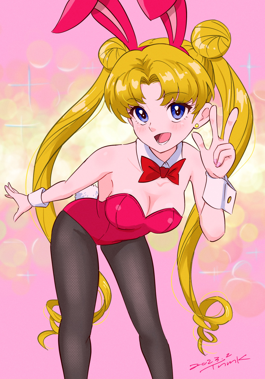 1girl absurdres animal_ears bishoujo_senshi_sailor_moon black_pantyhose blonde_hair blue_eyes bow bowtie breasts cleavage detached_collar double_bun fake_animal_ears hair_bun highres large_breasts leotard long_hair looking_at_viewer open_mouth pantyhose pink_leotard playboy_bunny rabbit_ears sailor_moon smile solo strapless tsukino_usagi tsunemoku twintails wrist_cuffs