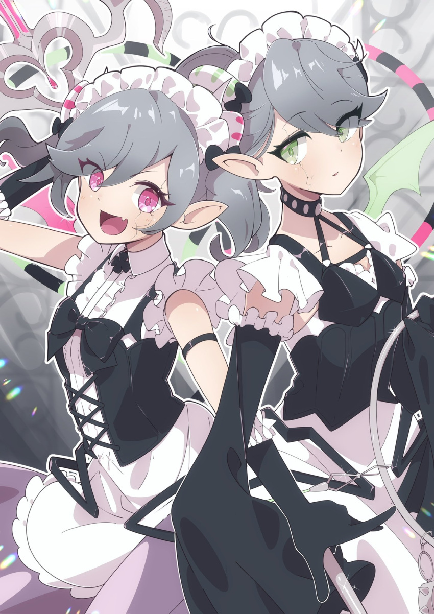 2girls apron arianna_the_labrynth_servant arianne_the_labrynth_servant black_gloves black_sleeves blush breasts choker demon_girl demon_tail detached_sleeves fang gloves green_eyes grey_hair heart heart_tail highres holding holding_weapon long_sleeves looking_at_viewer maid maid_apron maid_headdress medium_breasts multiple_girls pink_eyes pointy_ears short_twintails skin_fang small_breasts tail twintails ura_suka_nd weapon yu-gi-oh!