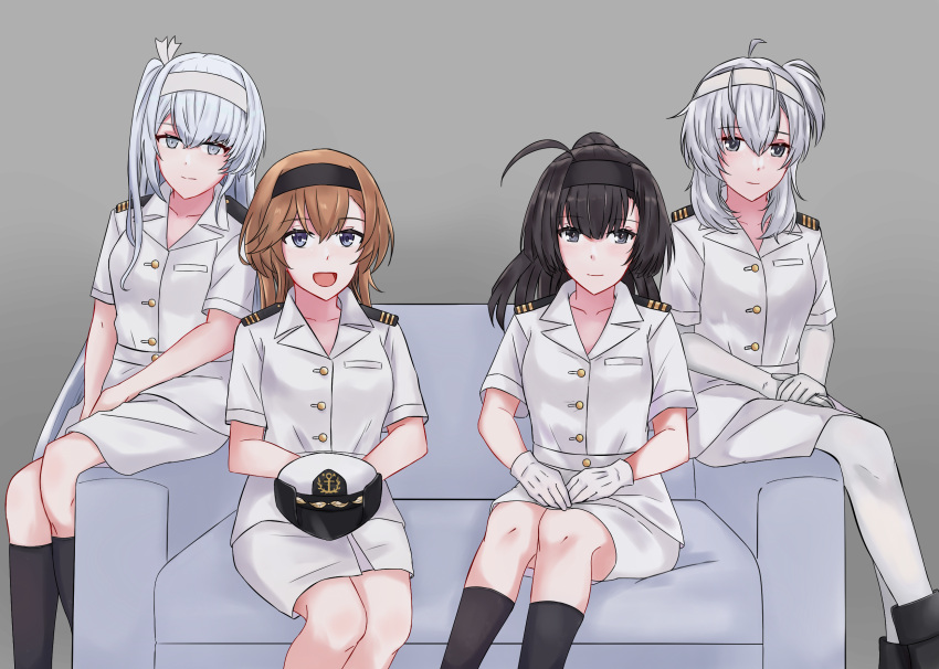 4girls ahoge akizuki_(kancolle) black_hair black_hairband black_socks brown_hair couch epaulettes feet_out_of_frame female_service_cap fuyutsuki_(kancolle) gloves grey_eyes hairband hat highres jacket js_akizuki_(kancolle) js_fuyutsuki_(kancolle) js_suzutsuki_(kancolle) js_teruzuki_(kancolle) kantai_collection long_hair military_uniform multiple_girls naval_uniform one_side_up pants pantyhose ponytail rukialice skirt socks suzutsuki_(kancolle) teruzuki_(kancolle) uniform unworn_hat unworn_headwear white_gloves white_hair white_jacket white_pants white_pantyhose white_skirt