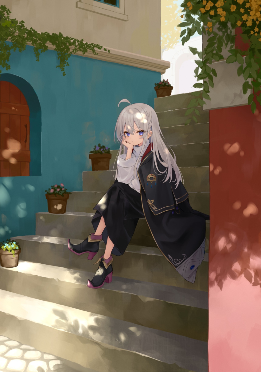 1girl absurdres ahoge arm_support azuuru black_cape black_dress black_footwear braid cape closed_mouth cover cover_image crossed_legs dress elaina_(majo_no_tabitabi) full_body grey_hair high_heels highres long_hair looking_at_viewer majo_no_tabitabi novel_illustration official_art outdoors purple_eyes shirt sitting sitting_on_stairs solo stairs sunlight textless_version white_shirt