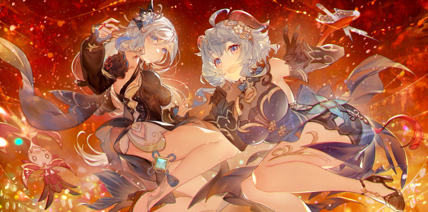2girls :d a-ton ahoge arm_up bare_shoulders bell black_dress black_footwear black_gloves black_shorts black_sleeves blue_dress blue_hair blue_nails breasts cleavage detached_sleeves dress foot_out_of_frame ganyu_(genshin_impact) ganyu_(twilight_blossom)_(genshin_impact) genshin_impact gloves goat_horns hand_up hands_up high_heels highres horns light_blue_hair long_hair looking_at_viewer multiple_girls nail_polish neck_bell official_alternate_costume open_mouth purple_eyes see-through see-through_cleavage shenhe_(frostflower_dew)_(genshin_impact) shenhe_(genshin_impact) shorts sleeveless sleeveless_dress smile tassel v white_hair white_shorts whopperflower_(genshin_impact)