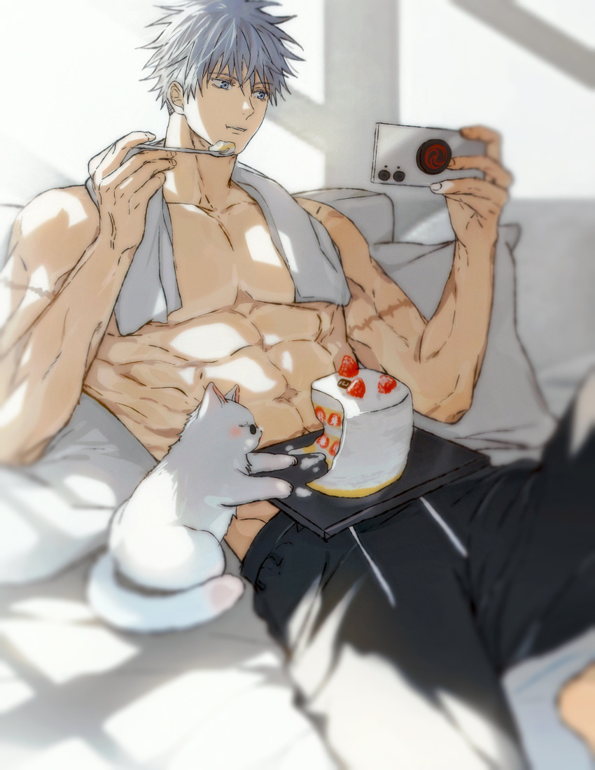 1boy absurdres animification black-framed_eyewear black_pants blue_eyes blush cake cat cellphone chewing couch eating feet_out_of_frame food glasses gojou_satoru highres holding holding_phone holding_utensil indoors jujutsu_kaisen looking_at_phone male_focus muscular muscular_male on_couch pants phone scar scar_on_arm smartphone solo strawberry_cake towel towel_around_neck white_cat white_hair white_towel window_shade yoon_(dmsco1803)