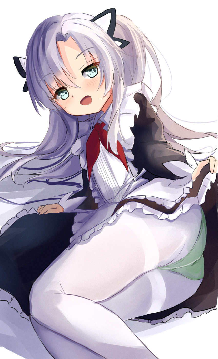 1girl absurdres azur_lane black_dress blush center_frills clothes_lift commentary_request dress dress_lift frills green_eyes green_panties hair_between_eyes hamiro highres long_hair long_sleeves looking_at_viewer lying necktie ognevoy_(azur_lane) on_side open_mouth panties panties_under_pantyhose pantyhose red_necktie school_uniform simple_background smile solo two-tone_dress underwear white_background white_dress white_hair white_pantyhose