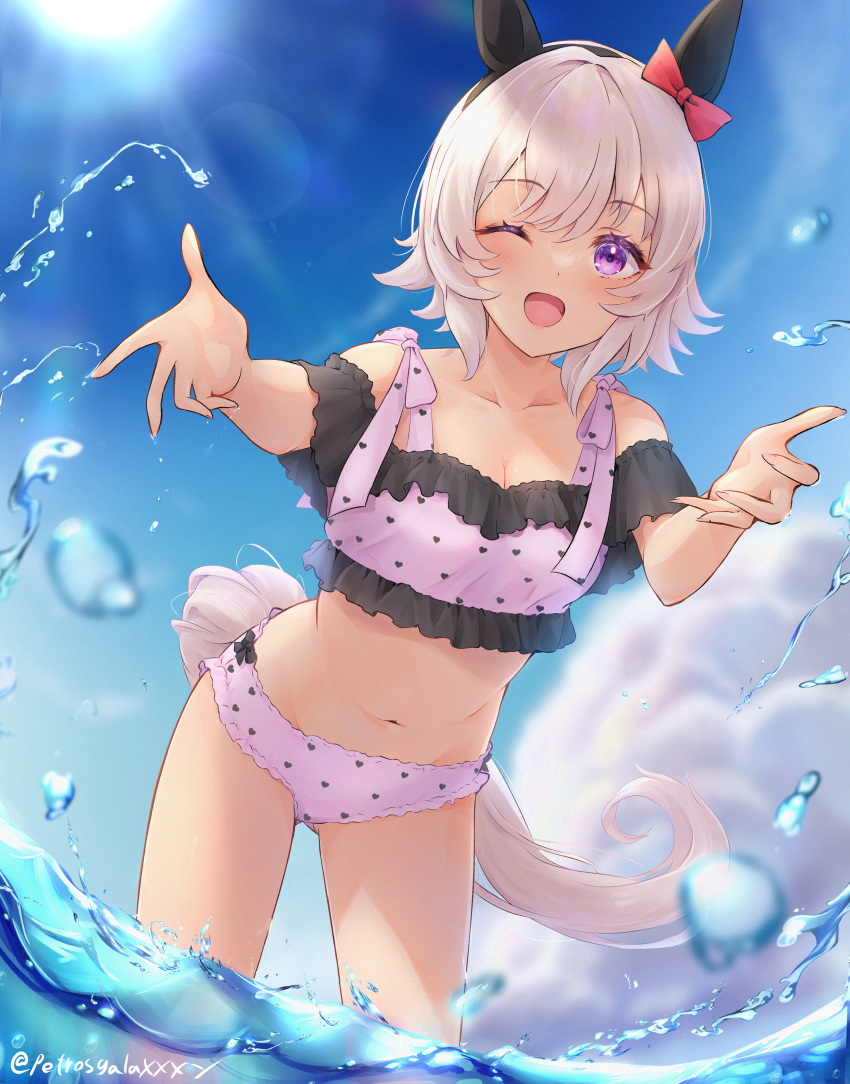 1girl absurdres alternate_costume animal_ears arm_up armpits bare_shoulders bikini blush bow breasts cleavage closed_mouth commentary cowboy_shot curren_chan_(umamusume) ear_bow ear_covers grey_hair highres horse_ears horse_girl horse_tail lens_flare looking_at_viewer medium_breasts one-piece_swimsuit one_eye_closed outdoors peteron pink_bikini pink_bow purple_eyes short_hair smile solo swimsuit tail twitter_username umamusume water