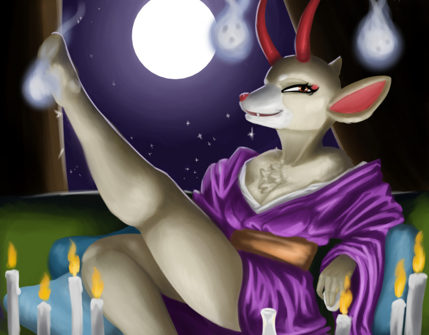 2022 animal_crossing anthro asian_clothing blandy_(artist) breasts candle chest_tuft cleavage clothed clothing deer digital_media_(artwork) digital_painting_(artwork) east_asian_clothing eyelashes female fur horn japanese_clothing kimono looking_at_viewer mammal moon narrowed_eyes night nintendo orange_eyes pillow purple_clothing purple_kimono raised_leg red_horn shino_(animal_crossing) sitting smile snaggle_tooth solo tan_body tan_fur thick_thighs tuft white_body white_fur wide_hips