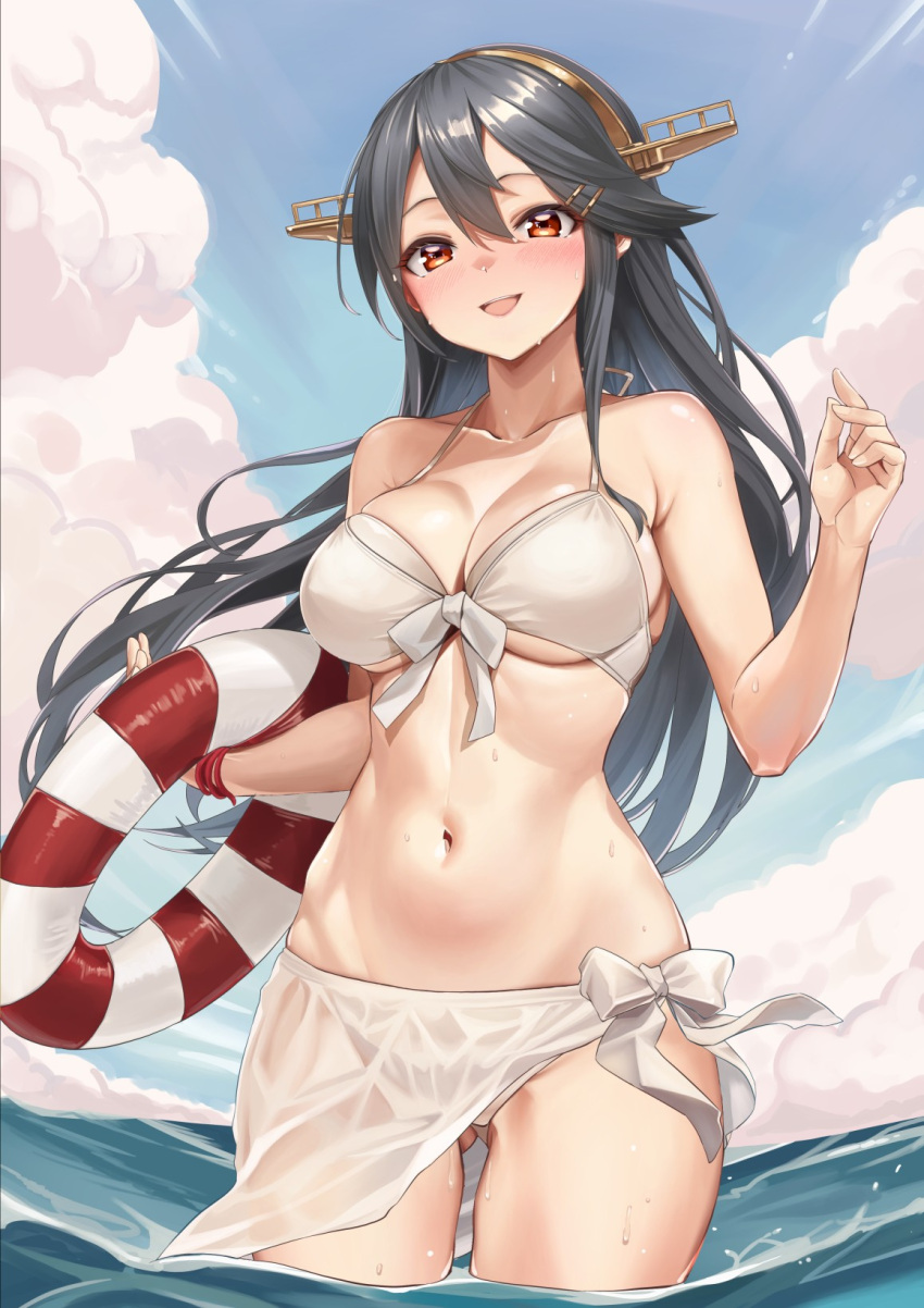 1girl artist_name ass_visible_through_thighs ayamo_kaoru bikini black_hair breasts brown_eyes cloud collarbone commission haruna_(kancolle) haruna_kai_ni_(kancolle) highres holding holding_swim_ring innertube kantai_collection long_hair navel official_alternate_costume open_mouth sarong skeb_commission sky solo swim_ring swimsuit wading water wet white_bikini