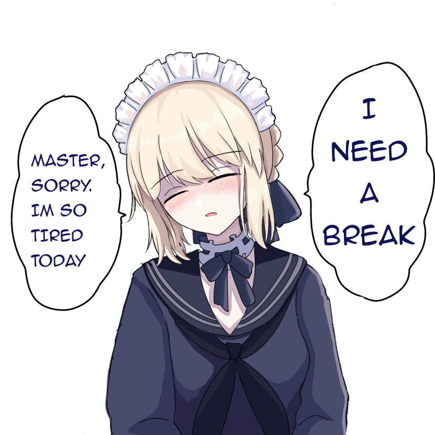 1girl artoria_pendragon_(alter_swimsuit_rider)_(fate) artoria_pendragon_(alter_swimsuit_rider)_(second_ascension)_(fate) artoria_pendragon_(fate) blonde_hair braid breasts choker closed_eyes commentary english_commentary english_text fate/grand_order fate_(series) highres longdq3008 maid_headdress medium_breasts ribbon-trimmed_choker ribbon_trim sailor_collar sailor_shirt shirt sleepy solo tilted_headwear underwear