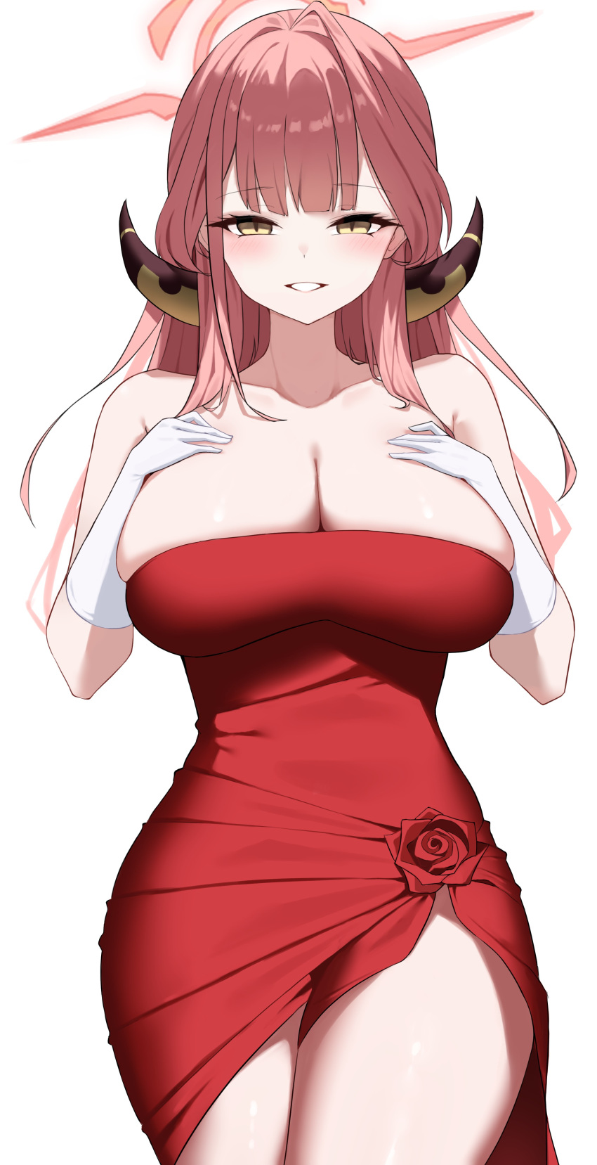 1girl absurdres aru_(blue_archive) aru_(dress)_(blue_archive) blue_archive blush breasts brown_horns cleavage collarbone cowboy_shot demon_horns dress halo highres horns large_breasts long_hair murding open_mouth pink_hair pink_halo red_dress simple_background smile solo strapless strapless_dress white_background white_dress yellow_eyes