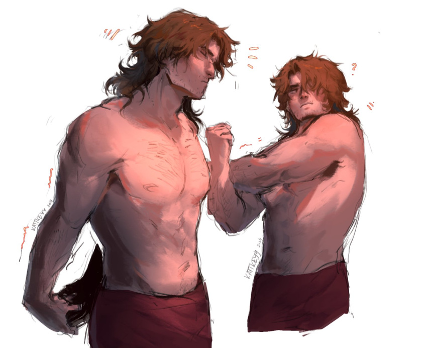 1boy abs bara beard_stubble brown_hair cowboy_shot facial_hair from_side gallagher_(honkai:_star_rail) hair_between_eyes highres honkai:_star_rail honkai_(series) kat_(kattkeyy) male_focus mature_male medium_hair multiple_views navel navel_hair nipples pectorals profile sparse_arm_hair sparse_chest_hair sparse_navel_hair sparse_stubble standing stomach stretching stubble thick_eyebrows toned toned_male topless_male unfinished