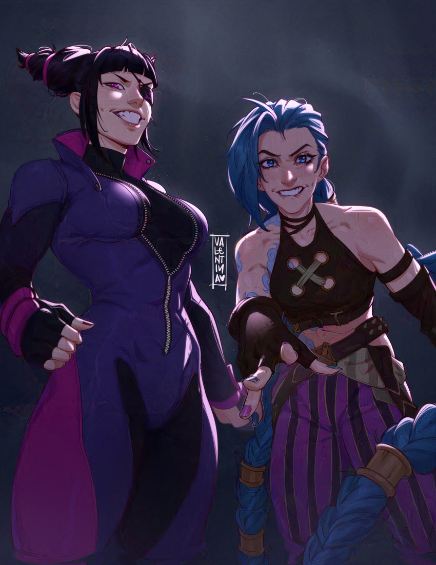 &gt;:) 2girls absurdres arcane:_league_of_legends arcane_jinx biting_own_lip black_bodysuit black_gloves black_hair blue_eyes blue_hair blue_nails bodysuit braid breasts brown_choker choker crossover evil_grin evil_smile eyepatch fingerless_gloves gloves grin han_juri highres jinx_(league_of_legends) large_breasts league_of_legends looking_at_viewer midriff multiple_girls nail_polish navel pants purple_nails reaching reaching_towards_viewer red_eyes shoulder_tattoo smile street_fighter striped_clothes striped_pants tattoo trait_connection twin_braids v-shaped_eyebrows valentina_tavolilla