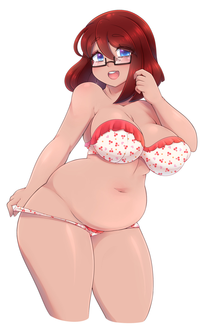 1girl absurdres alpha_transparency bad_source bikini blue_eyes blush breasts character_request cherry_print collarbone copyright_request cropped_legs food_print glasses hair_between_eyes highres large_breasts lips looking_at_viewer navel open_mouth plump red_hair semi-rimless_eyewear simple_background solo swimsuit tareme the_scarlet_devil thick_thighs thighs transparent_background under-rim_eyewear white_bikini