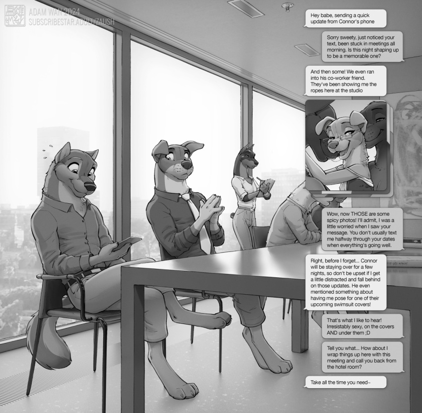 4_toes 5_fingers amber_(zaush) anthro anthro_on_anthro barefoot bird_dog canid canine canis charles_(zaush) clothed clothing comic connor_(zaush) consensual_cuckold cuckold dialogue digital_media_(artwork) domestic_dog electronics english_text feet female fingers fur greyscale group hi_res hindpaw holding_object holding_phone humanoid_hands hunting_dog labrador levi_(zaush) male male/female mammal monochrome open_mouth open_smile paws phone phone_call retriever sitting smile teeth text toes tongue zaush