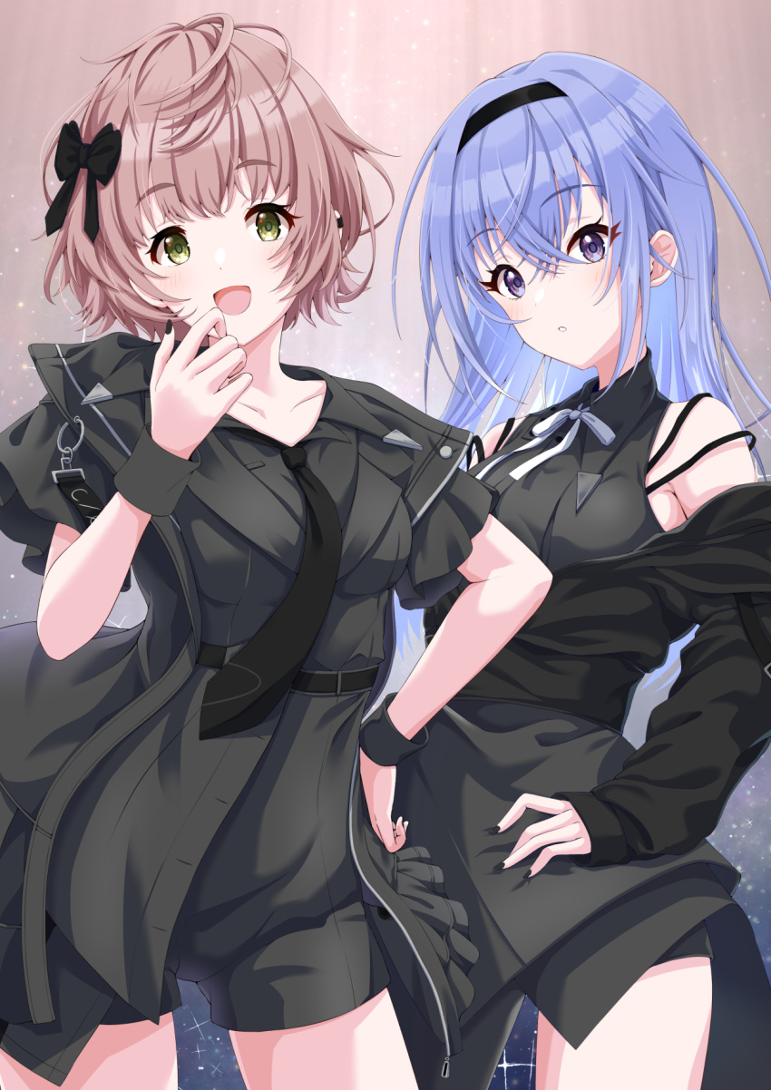 2girls bare_shoulders belt black_belt black_dress black_hairband black_jacket black_nails black_necktie black_shirt black_shorts blue_hair blush breasts brown_background brown_hair collarbone cowboy_shot dot_nose dress hair_between_eyes hairband hand_on_own_hip hand_up highres idolmaster idolmaster_shiny_colors idolmaster_shiny_colors_song_for_prism ikuta_haruki jacket large_breasts long_hair long_sleeves looking_at_viewer medium_breasts multiple_girls nagmilk nail_polish neck_ribbon necktie off_shoulder open_clothes open_jacket open_mouth parted_lips purple_eyes ribbon shirt short_sleeves shorts simple_background sleeveless sleeveless_dress smile standing suzuki_hana white_ribbon yellow_eyes