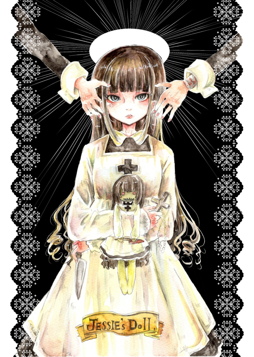 1girl black_background border brown_hair character_name cross disembodied_limb doll expressionless goth_fashion grey_eyes halo highres hime_cut holding holding_cross holding_doll holding_knife jewelry knife kurage_nanami long_hair looking_at_viewer original painting_(medium) red_lips red_nails ring sidelocks solo traditional_media very_long_hair watercolor_(medium) white_border