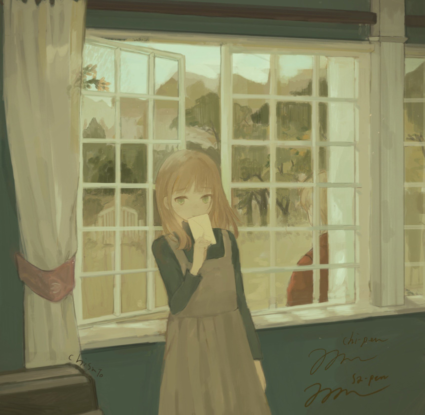 1girl arm_at_side artist_name black_shirt blunt_bangs brown_dress brown_hair chisato_charme closed_mouth curtains day dress envelope green_eyes green_theme hand_up highres holding holding_envelope indoors long_hair looking_at_viewer mountainous_horizon original shirt sidelocks signature sky solo standing tree window windowsill
